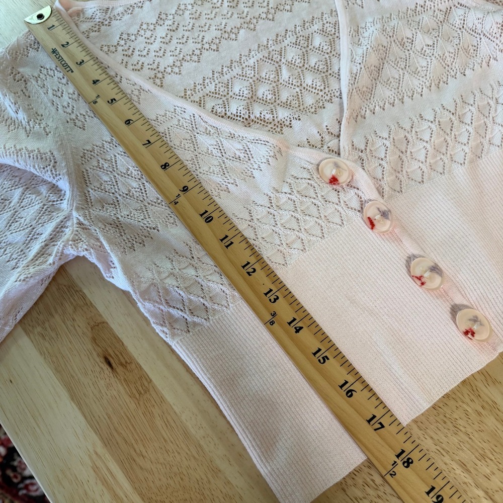 Moth Anthropologie Pointelle Knit Cardigan Size M Coquette Pink Flare Sleeve - Picture 10 of 11